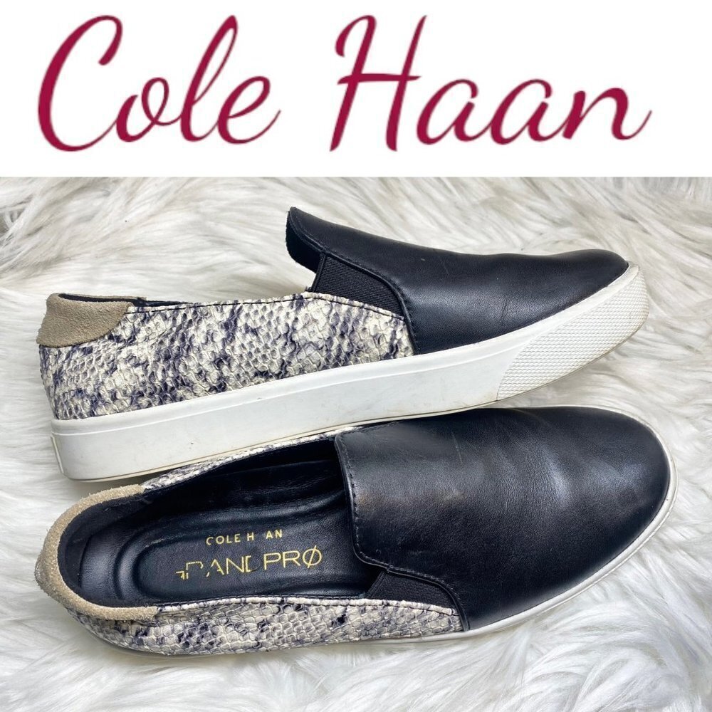 COLE HAAN Grandpro Spectator Black‎ Leather & Snakeskin Slip On Sneakers, 6.5